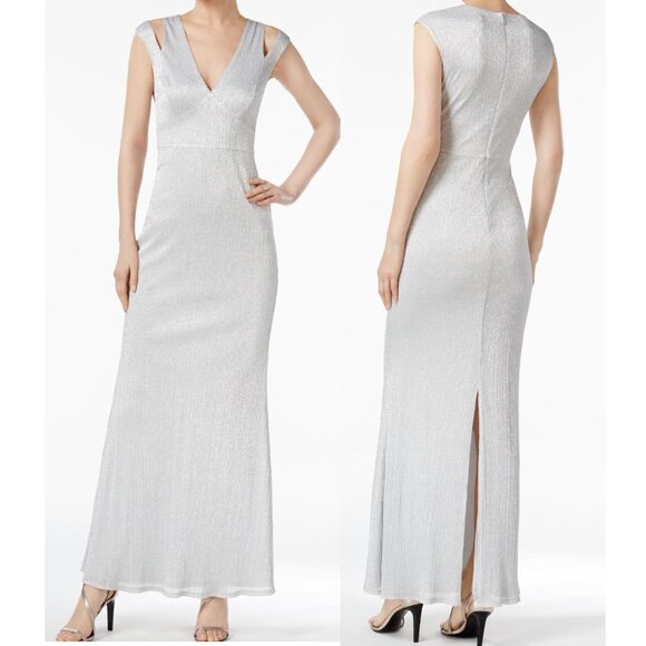 Silver Metallic Cap Sleeve Formal Wedding Evening Dress 6 - Picture 1 of 3